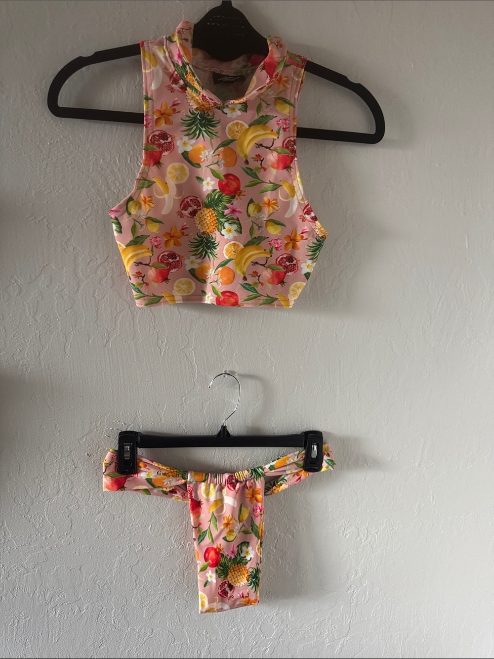 High-Neck Pink Tropical Fruit Bikini Set